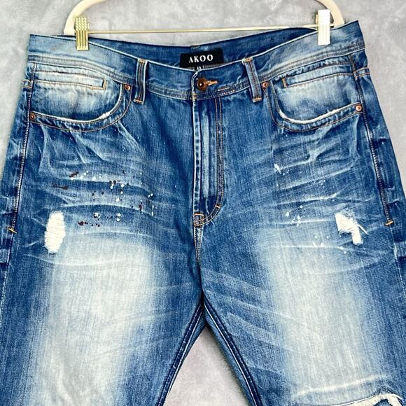 AKOO Jeans Mens 40/34 Blue Paint Splatter Distressed No Rivals Patch Big Oak Fit - Picture 2 of 16